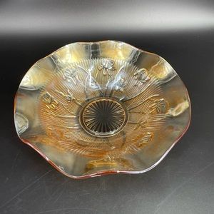 VTG Iris & Herringbone Marigold Iridescent Carnival Depression Glass Fluted Bowl